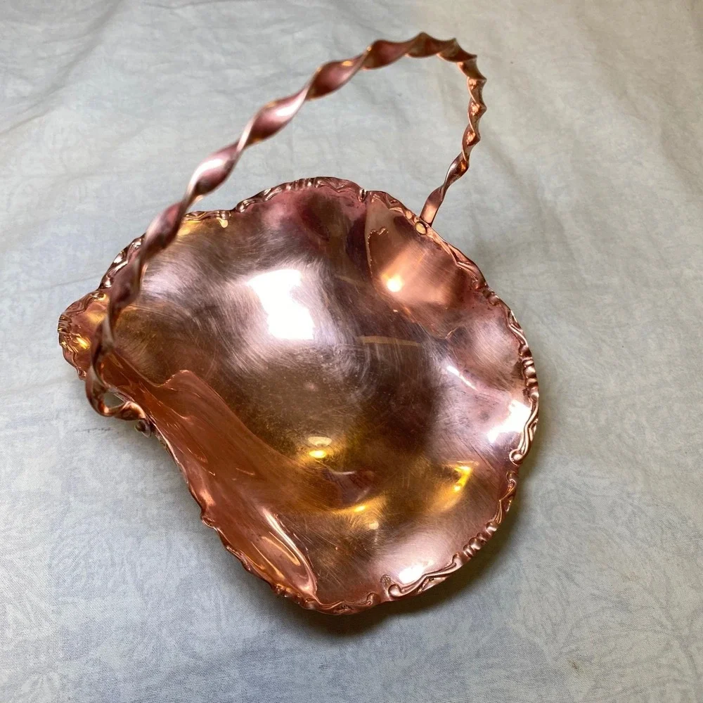 Vintage 1950s Copper Footed Basket Twisted‎ Handle Ruffled Edge Candy Dish
